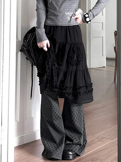 Ruffle Details Waistband Skirt Daily Elastic Kawaii Black with