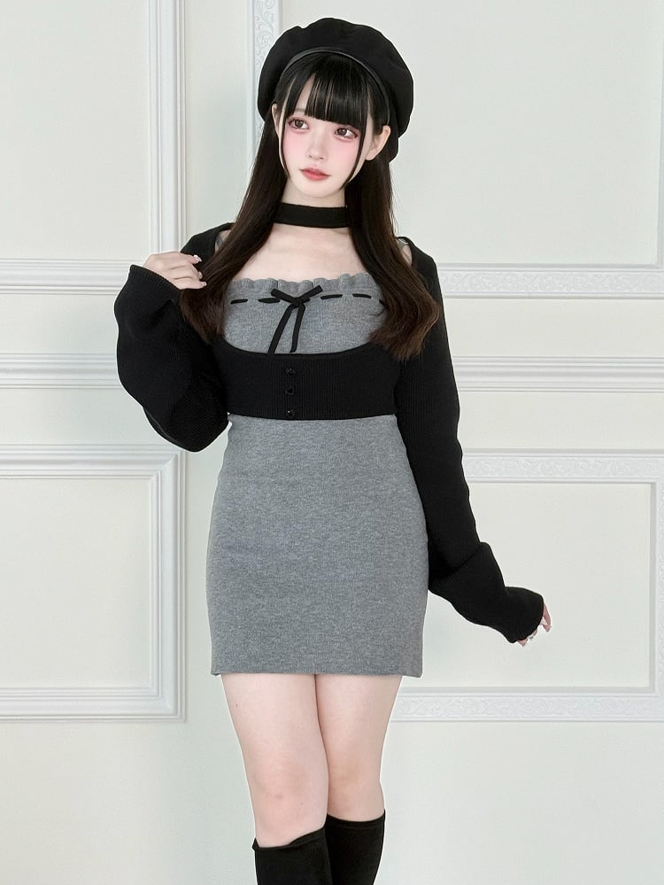 Set: Gray Top Two-Piece Slip Dress Underbust Refined Jirai with Kei Black
