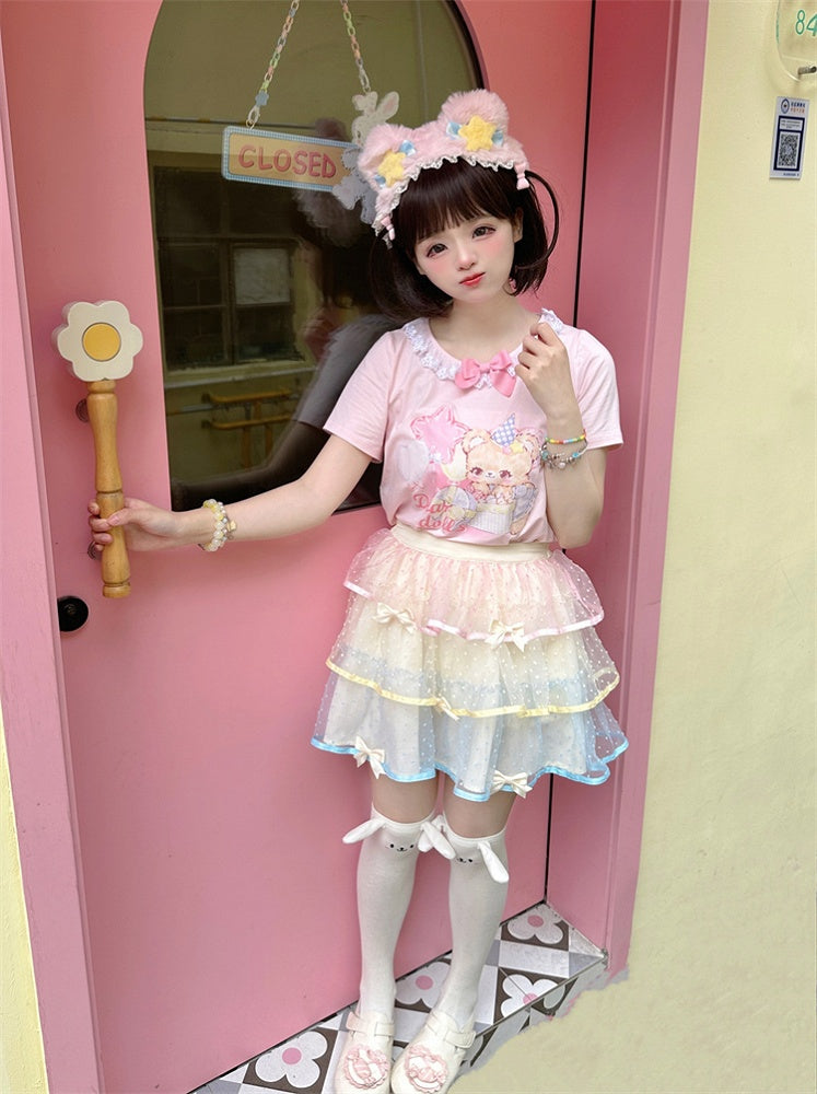 Ruffled Adorable Teddy Bear Print Bowknot Pink/Yellow Neckline Embellished T-Shirt