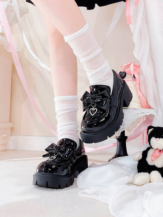Heart Design Polished - Platform Black with Rhinestone Bow Slip-On Kei Charm Jirai Loafers