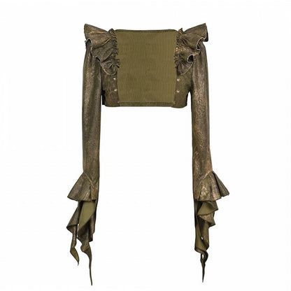 Green Asymmetrical Ruffled Cuff Shrug with Flutter Sleeve Detail