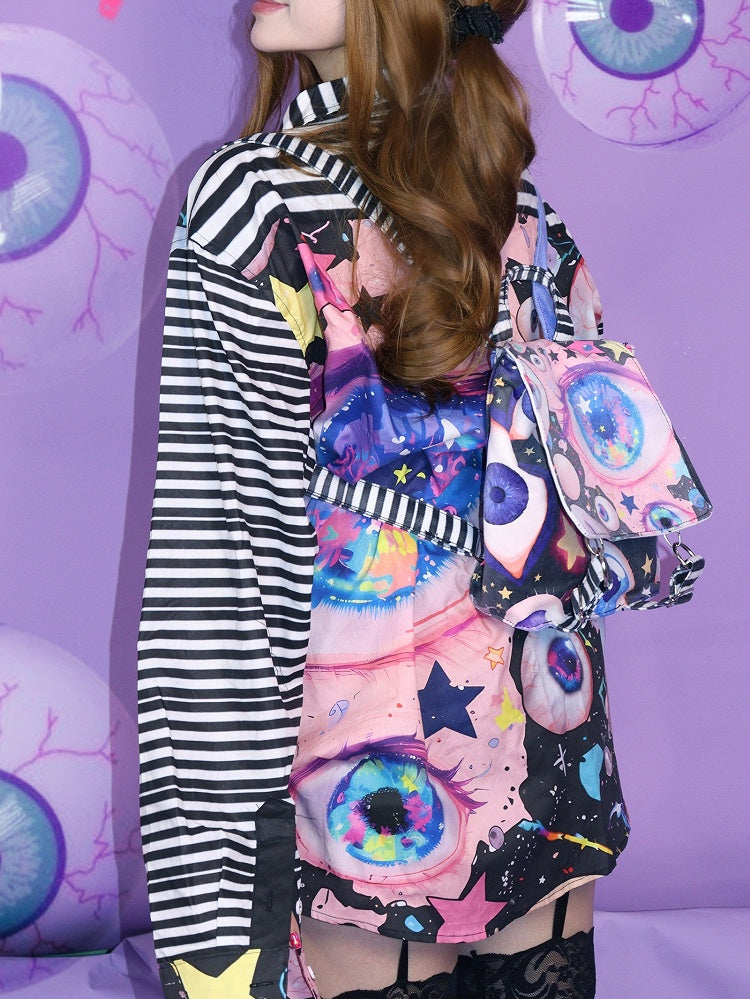 シャツ カワイイ ブラック プリント グロ ストライプ アイズ 袖 オーバーサイズ