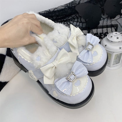 Bow Heart Sweet and Details Accents PU Heels Platform Blue White with Mid Lolita