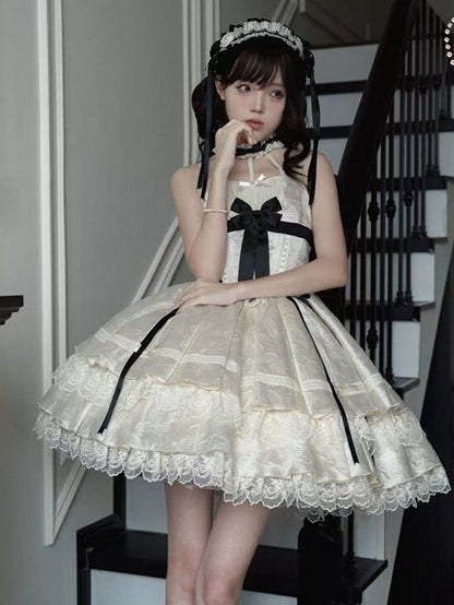 Apricot Lace-Trim JSK Dress with Black Bows - Die Die Zi