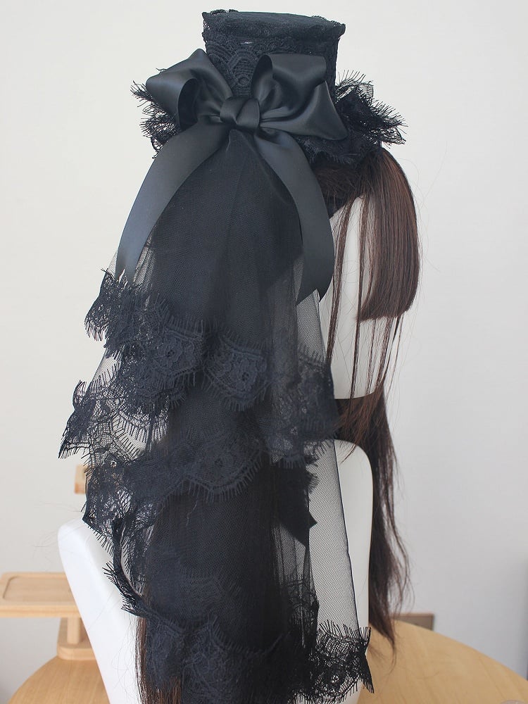 (Mini Kuro Choker) Hat+Veil Wrist Lolita Accessory Cuffs Full Set +