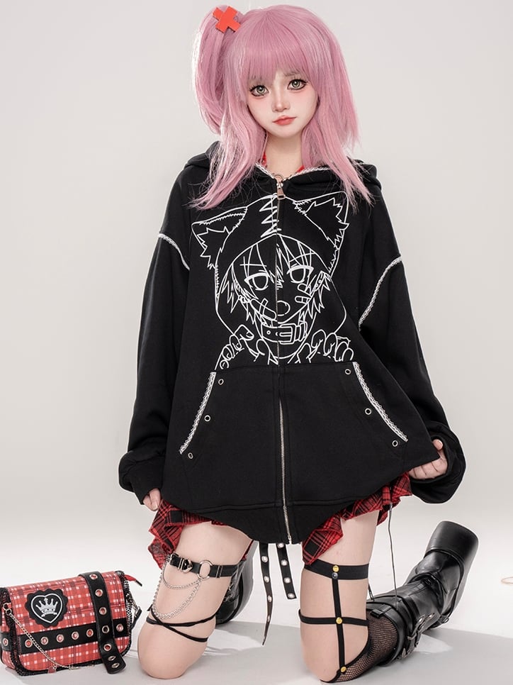 Punk Black/Pink Anime Girl Print Cat Ears Zip Hoodie