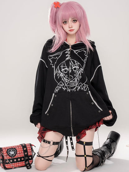 Punk Black/Pink Anime Girl Print Cat Ears Zip Hoodie