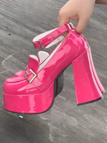 Rose Pink Punk High Block Heels in PU with Buckle Details & Detachable Ankle Strap