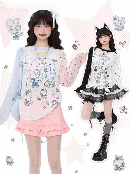 BlackWhite/PinkBlue Bunny  Kitten Print Long Sleeve Top - Daily Kawaii Colorblock Design