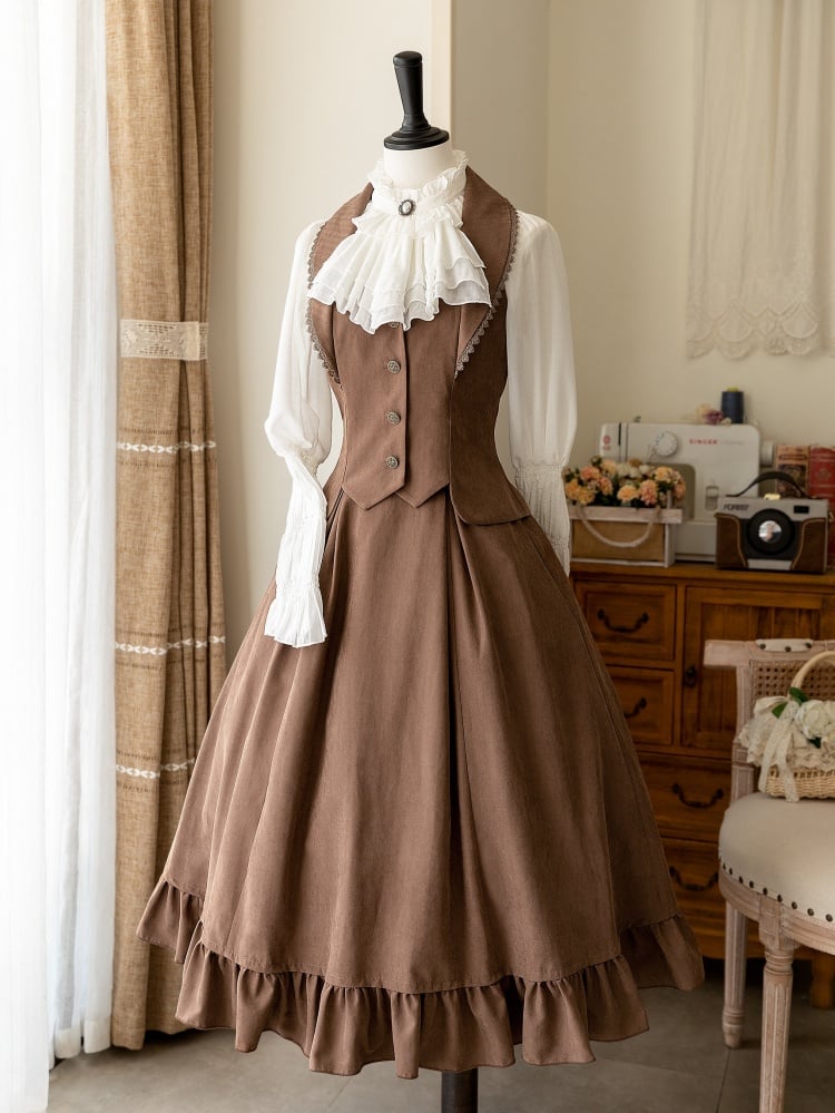ヴィンテージブラウンのウエストコート / ボーン入りハイウエストスカート