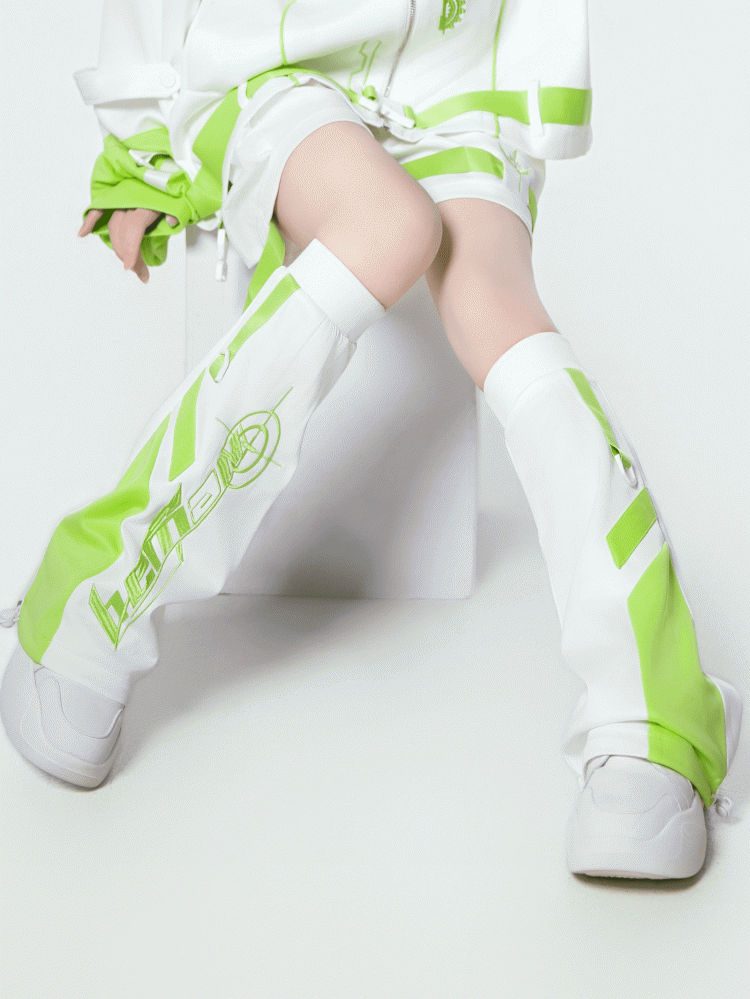 Embroidered Green Futuristic Warmers Cyberpunk Style Colorblock - White Leg