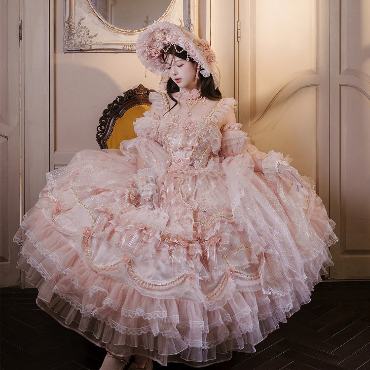 Gorgeous Lolita Length Sizes Chain and Hime Wedding Available Ankle Floral Dress Hanayome Bead Plus Pink