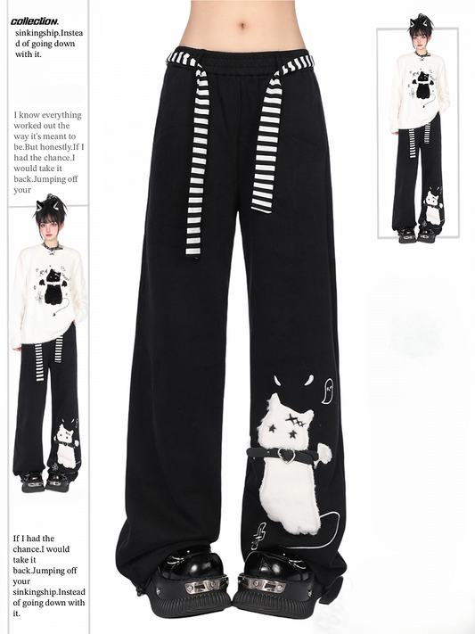 Regular/Thicken Black Wide-Leg Sweatpants with Fuzzy Embroidered Cat and Belted Collar Accent
