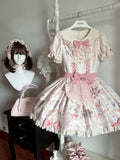 Puff Sleeve OP Dress with Pink Bunny Cake Print & Apron Style - Rose Weaving Poetry