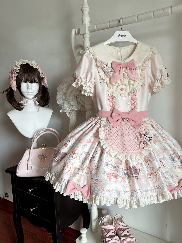 Puff Sleeve OP Dress with Pink Bunny Cake Print & Apron Style - Rose Weaving Poetry