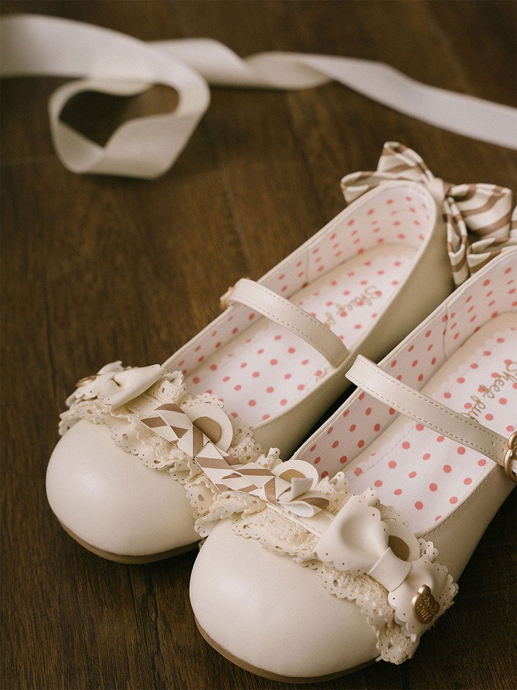 Adorable Bear Mary Off-white Ears Janes Low-heel PU with