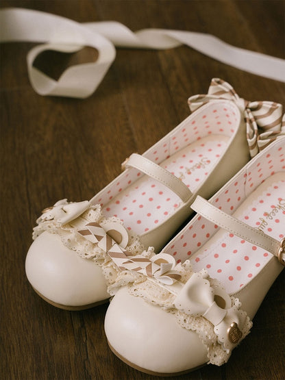 Adorable Bear Mary Off-white Ears Janes Low-heel PU with