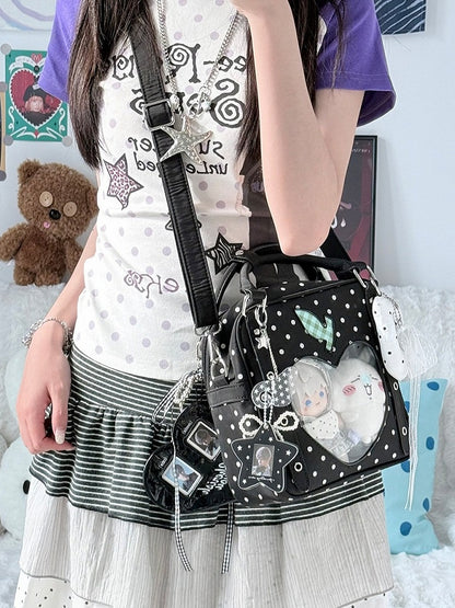Kawaii Black Polka Dot Crossbody Bag Heart Window Design - DRDR