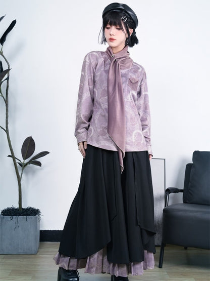 Double-Layer Split Skirt Irregular with Pleated Black Purple Hem Cheongsam Regular/Thin