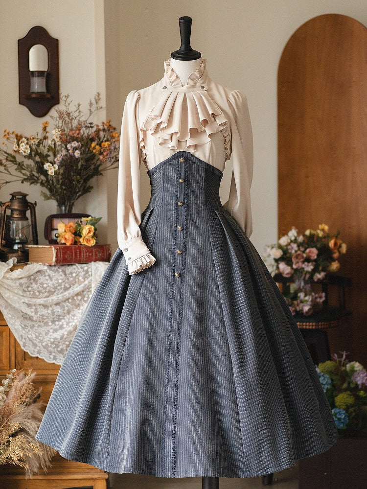 Apricot Ruffled Banded Collar Elegant Long Sleeeves Shirt with Detachable Bow/Jabot Tie