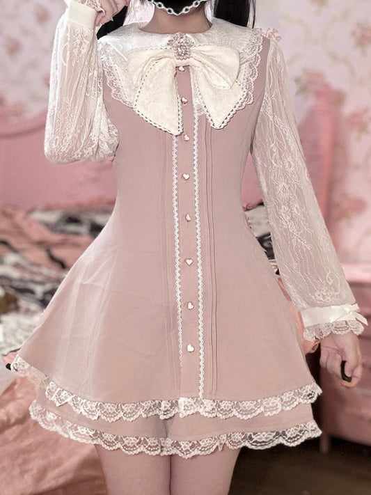 - White Jirai Mini Dress with Sleeves Two-Piece Lace Pink Kei Set