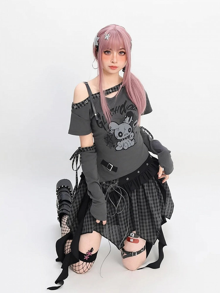 Kostenloses Y2K T-Shirt mit asymmetrischem Ausschnitt Bunny Print Rot/Schwarz Armwear