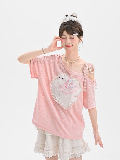 Sweet Cat Applique T-Shirt Pink Asymmetrical Neckline