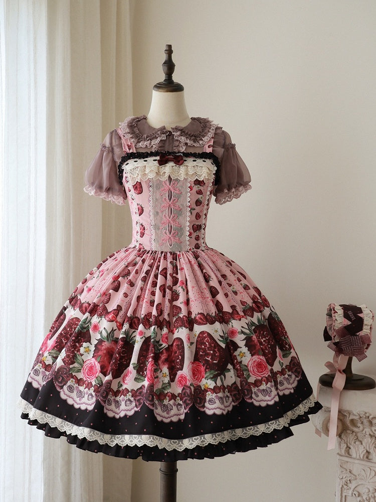 Strawberry Pink Short Puff Sleeve Polka Dot Lolita Dress - Whispering Isle