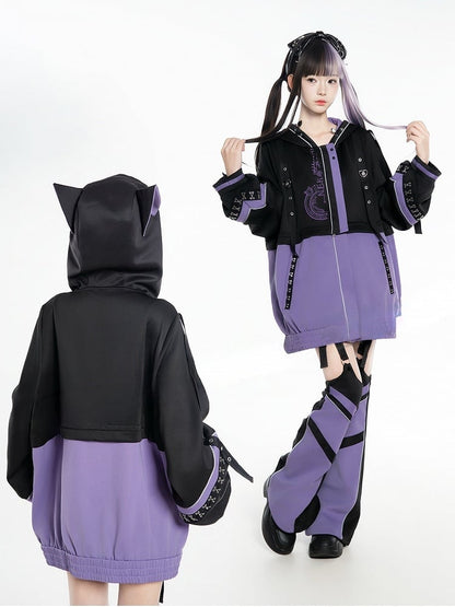 Panel Black with - Futuristic Techwear Detachable Kei Cat-Ear Purple Jirai Jacket Hood Streetwear