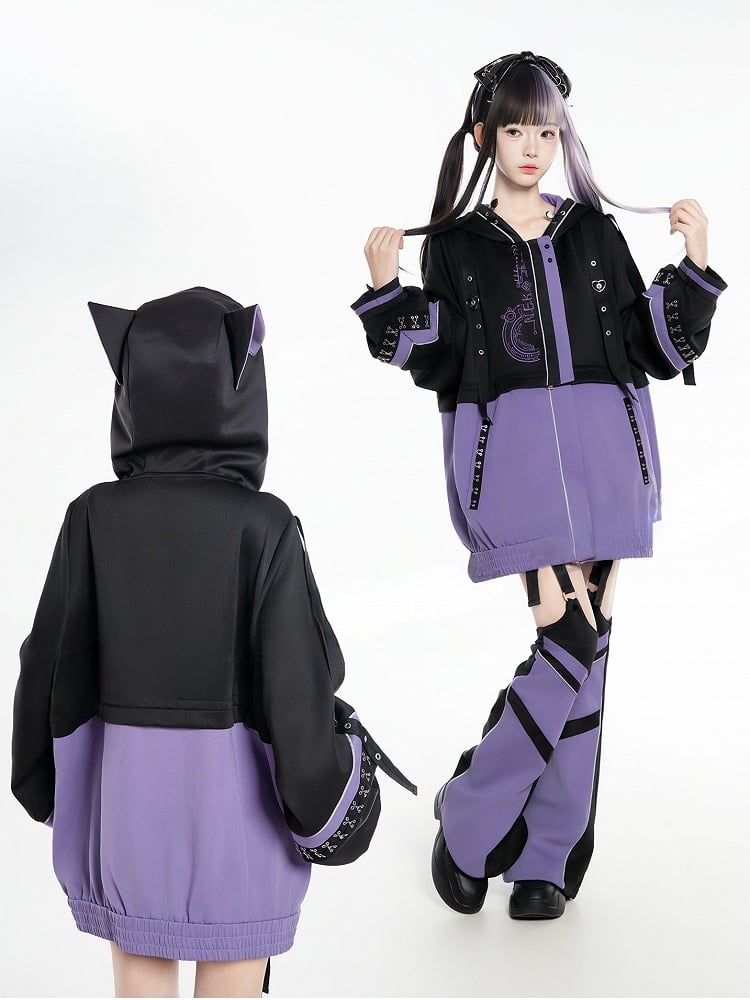 Purple J-Style Set: Futuristic Detachable Cyberpunk Black Jacket and Coord