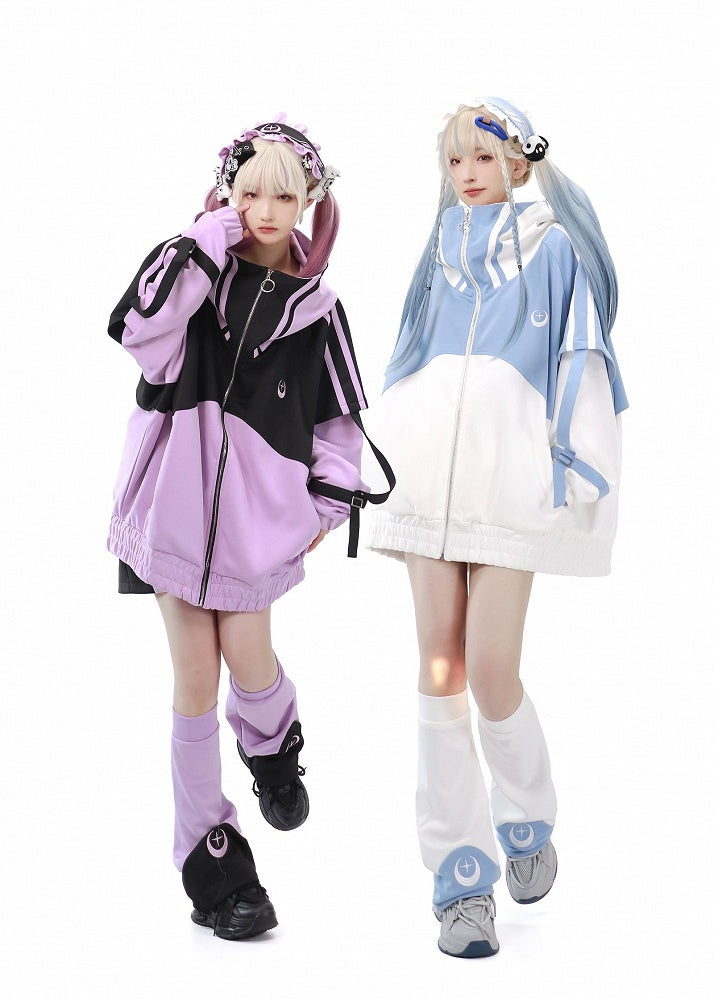 Jirai Black Front and Jacket Zip Purple Up Sleeves Kei Sweatershirt Long