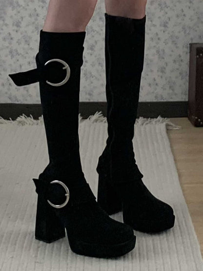 High Black Heel Platform Square Boots with Design Block Toe