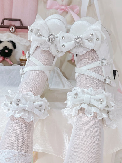 Bittersweet Trim Platform Sneakers White Rhinestone Cross Details Heart Charm Ruffles
