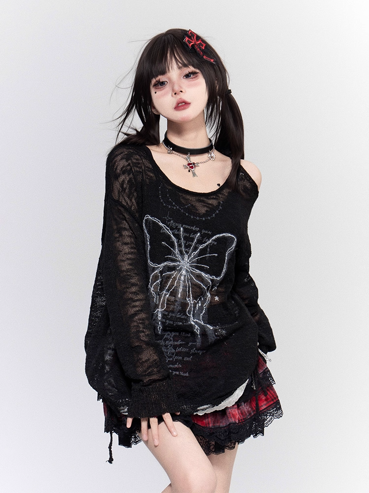 Coverup Semi-sheer Butterfly Print Cutout Shoulder White/Black/Apricot