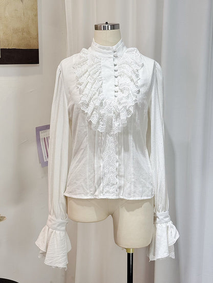 White Lace Ruffle Jabot Stand Collar Long Sleeve Blouse - Castle Too