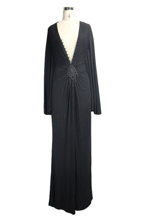 Black Frog Button Bat Sleeve Deep V-Neck Gothic Dress for Women
