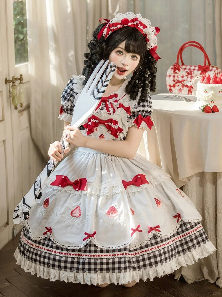 Sleeves Gingham Lolita Dress Strawberry Sweet Print with Puff Black White