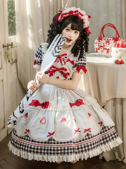 Sleeves Gingham Lolita Dress Strawberry Sweet Print with Puff Black White