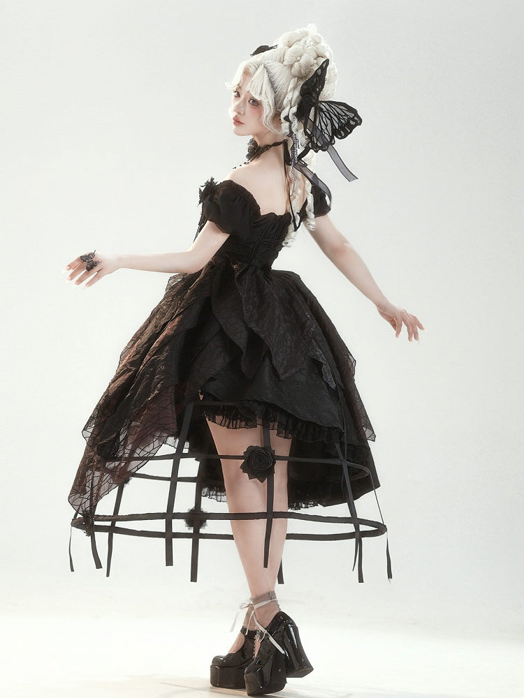 Butterfly Motif Puff Sleeve Lolita Top and Asymmetrical Hem Skirt Set in Black - Sweet Wood Lolita