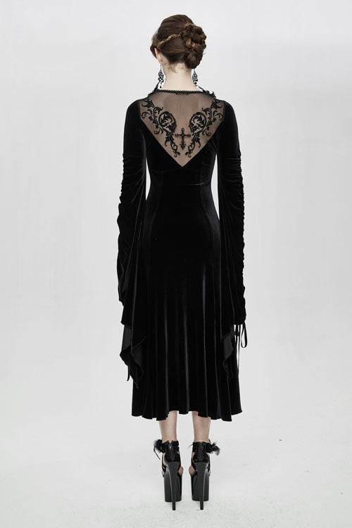 Black Velvet Fitted Dress with Flocking Flared Sleeves