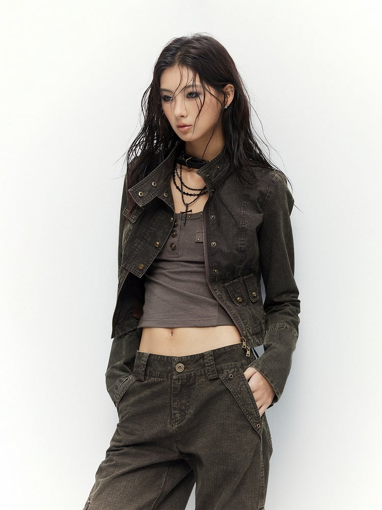 Vintage Coffee Short Zip Jacket with Pocket - Low pixel