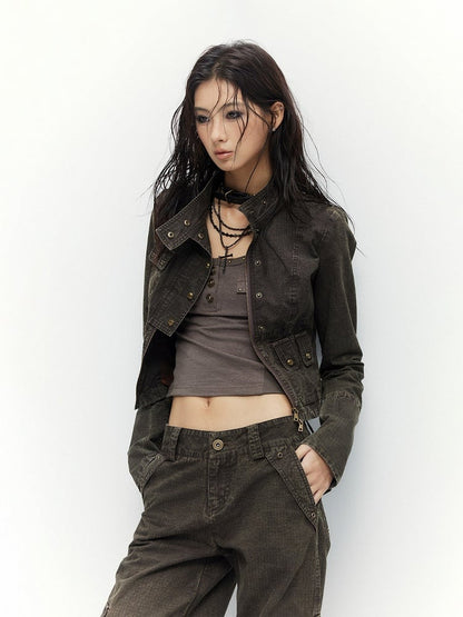 Vintage Coffee Short Zip Jacket with Pocket - Low pixel
