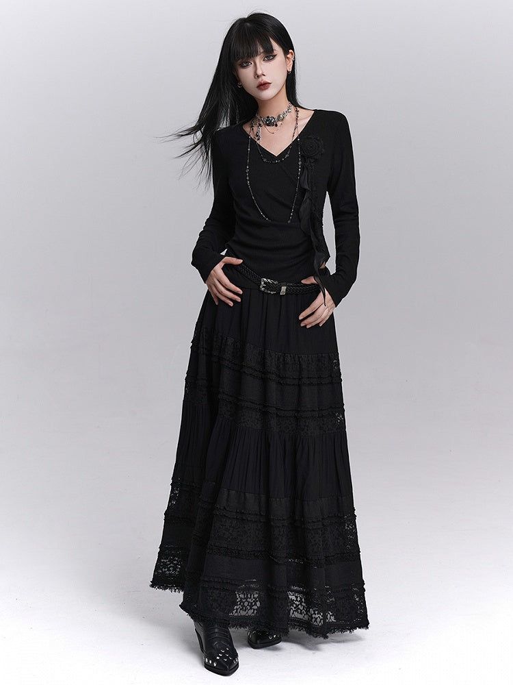 Lace Elastic Waist with Black Lining Patchwork Skirt Gothic Maxi