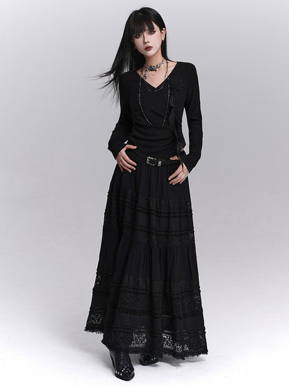 Lace Elastic Waist with Black Lining Patchwork Skirt Gothic Maxi