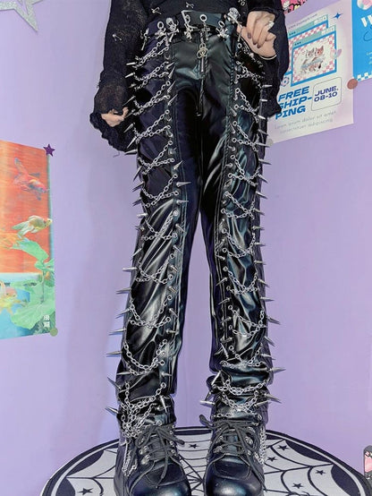 Black PU Decorated Studs Trousers Punk Chain Cross And