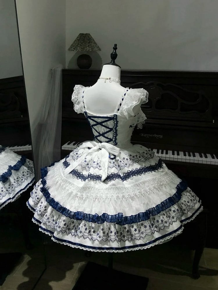 Blue and White Porcelain Corset Waist Lolita JSK Dress with Tassel Bows - Miss Han