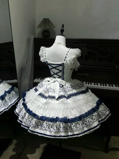 Blue and White Porcelain Corset Waist Lolita JSK Dress with Tassel Bows - Miss Han