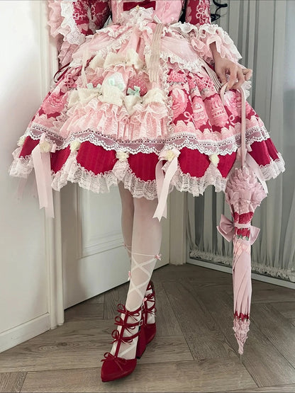 Red & Pink Strawberry Cake Print Bell Sleeve Lolita Dress - Ball Lolita