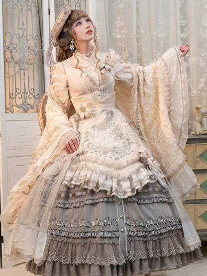 Lily Embroidery Applique Layered Hem Gray Classic Lolita Dress Front Button Placket
