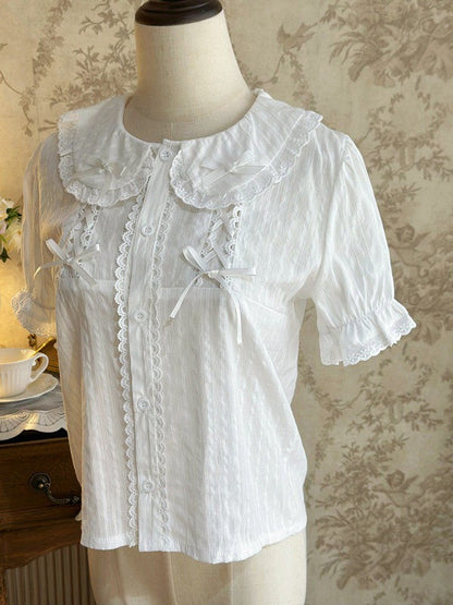 White Sweet Peter Pan Collar Short Sleeve Cotton Blouse Lolita - Jelly Girl